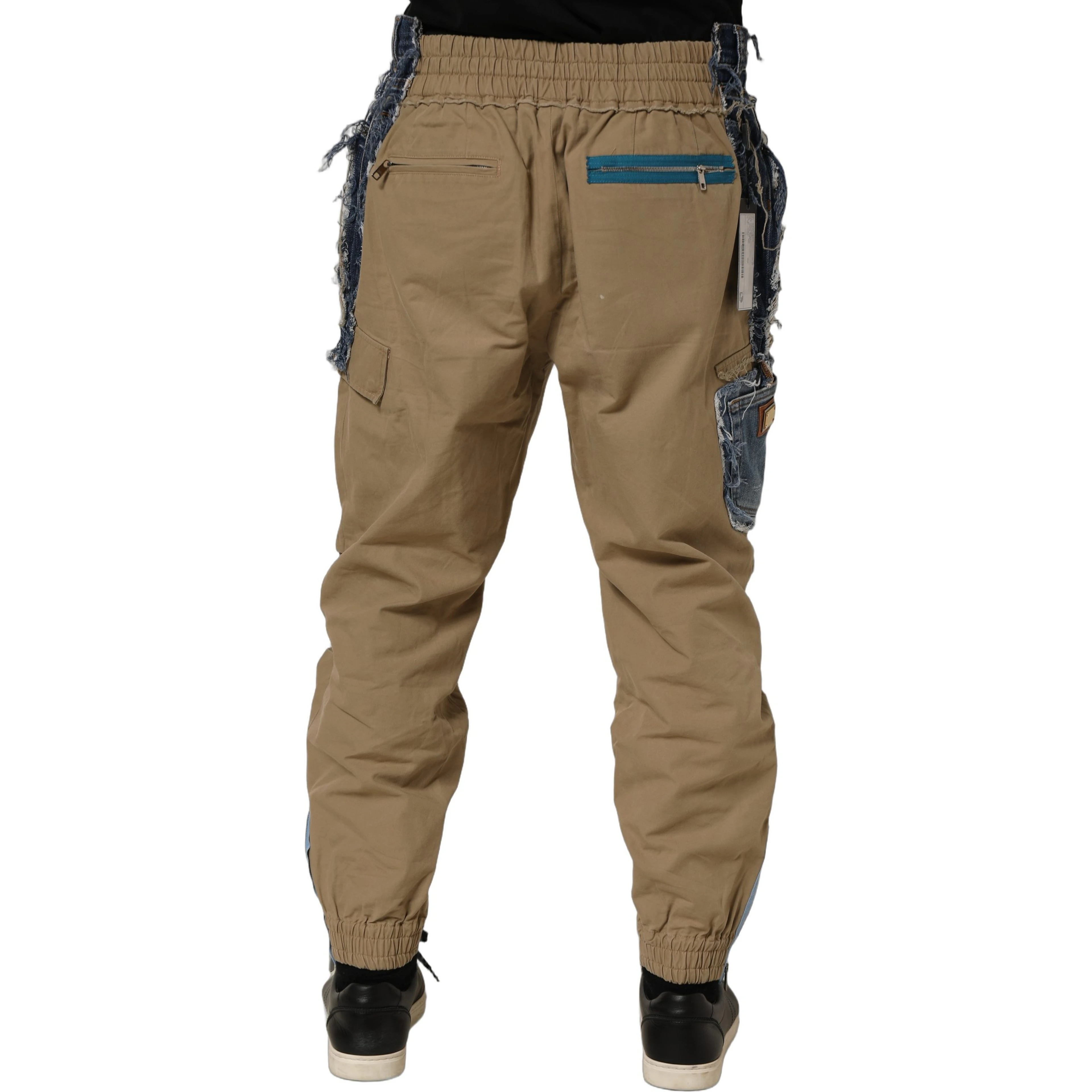 Beige Cotton Cargo Drawstring Trouser Pants