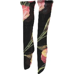 Black Pink Floral Tulip Nylon Stockings Socks