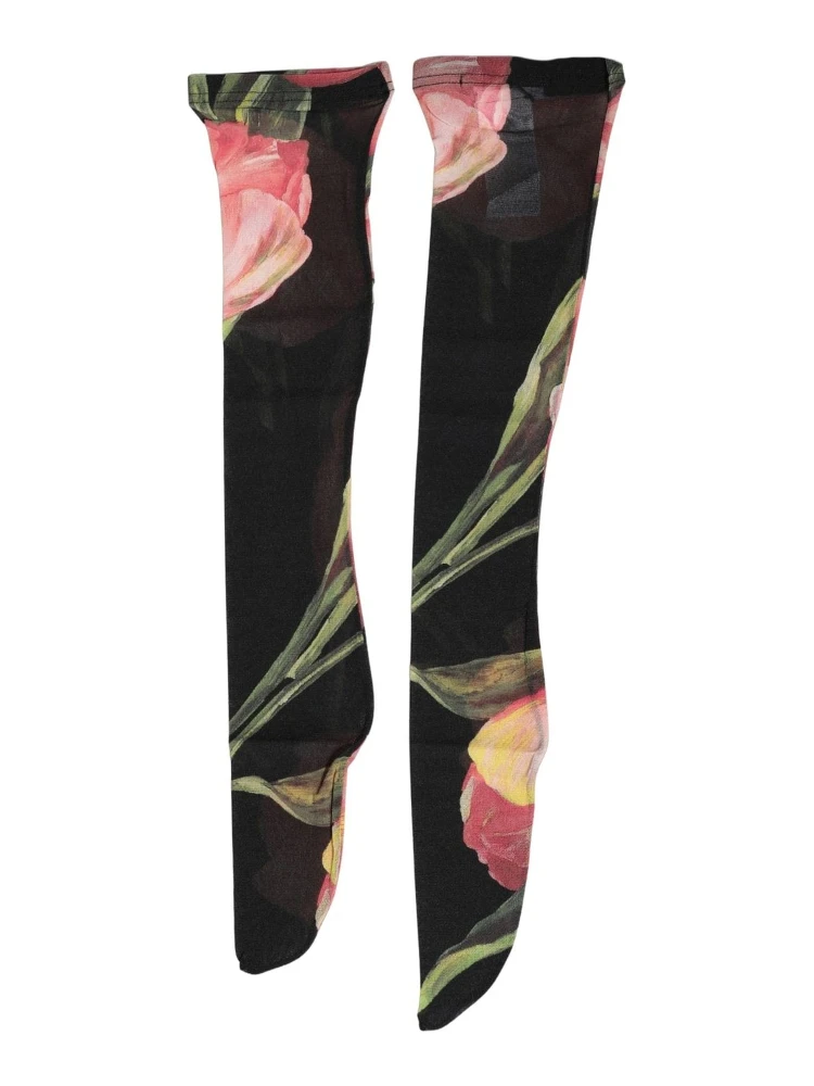 Black Pink Floral Tulip Nylon Stockings Socks