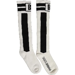 White Black Cotton Stretch Knee High Socks