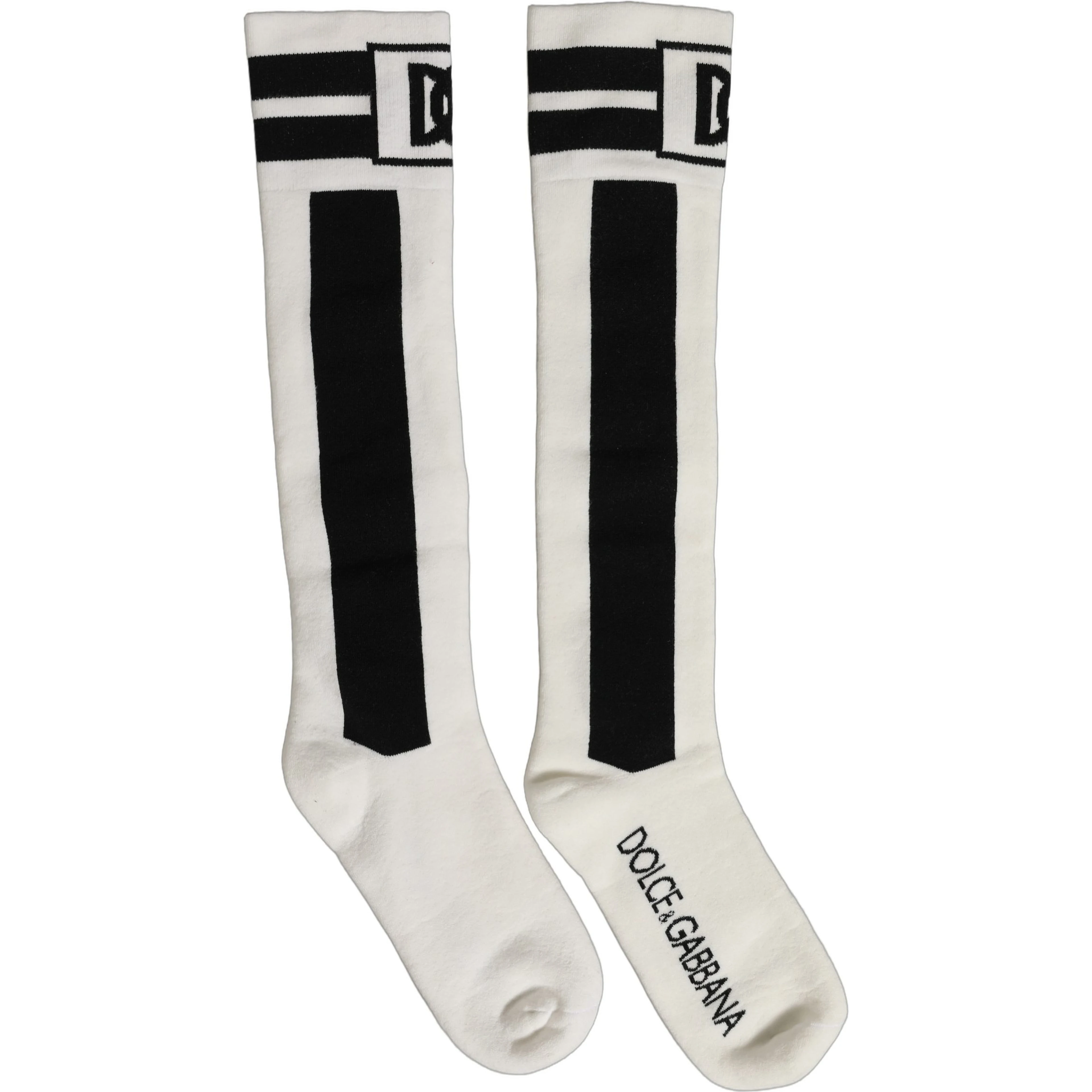 White Black Cotton Stretch Knee High Socks