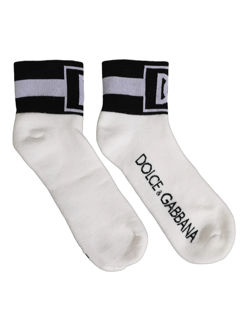 White Black Cotton Ankle Length DG Logo Socks