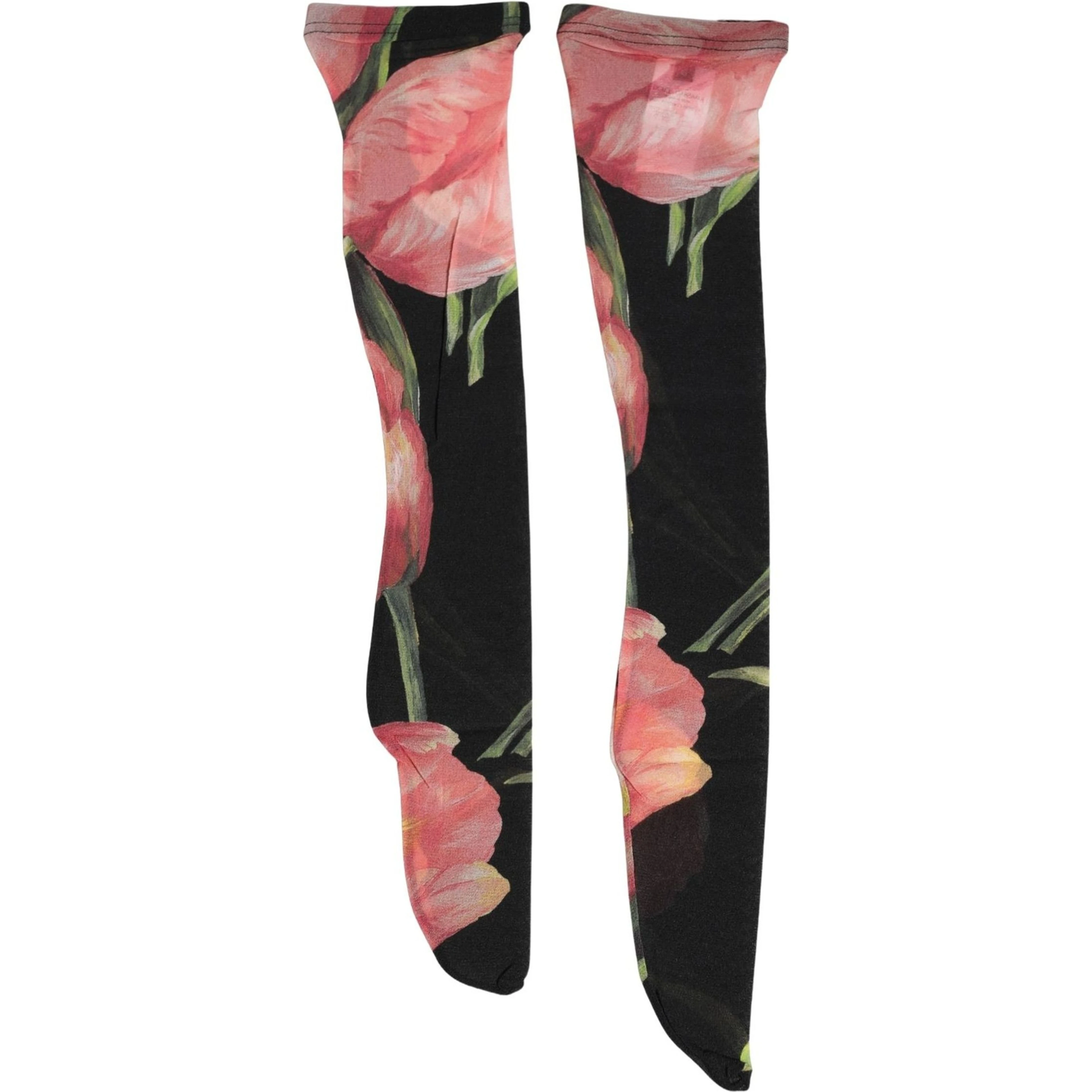 Black Pink Floral Tulip Nylon Stockings Socks