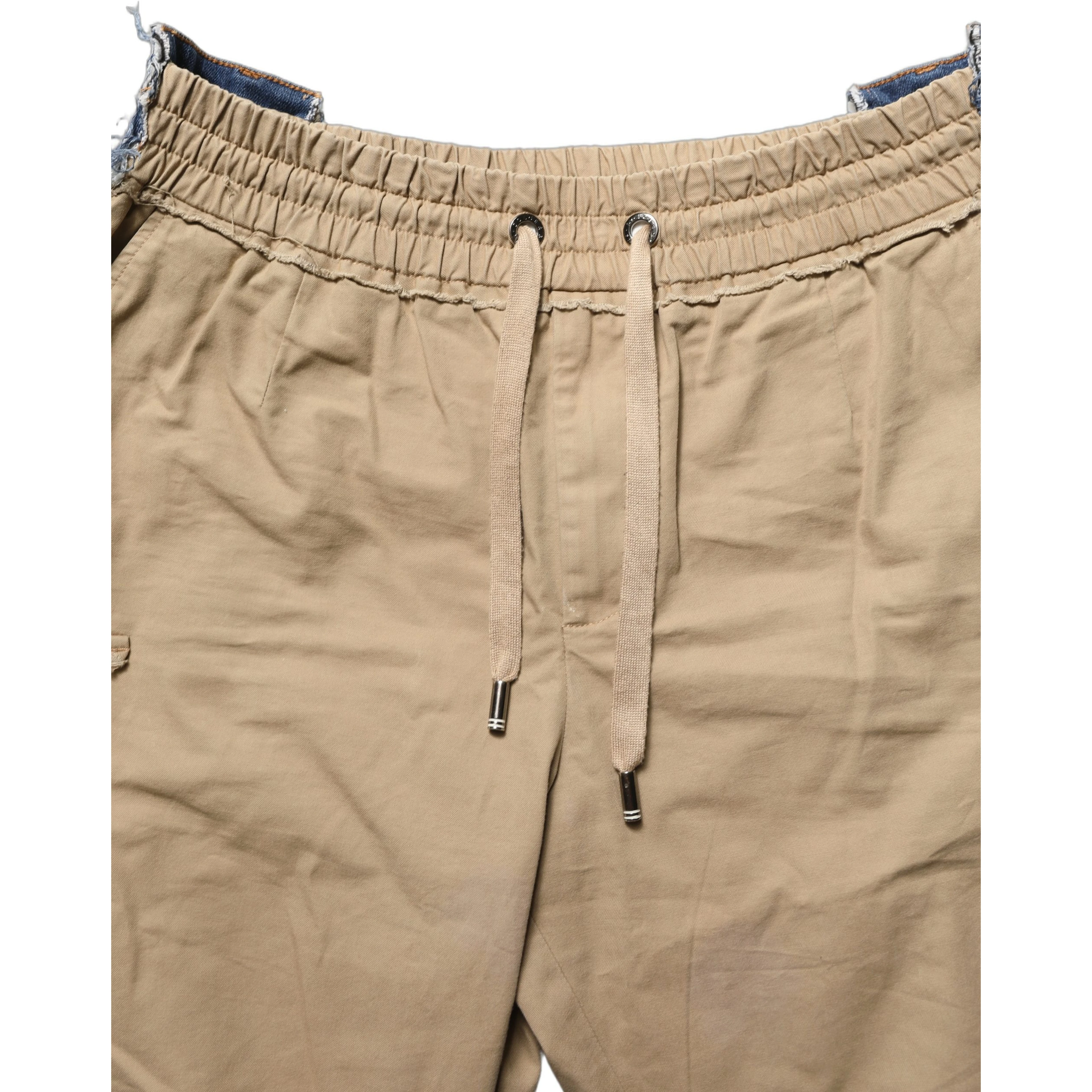 Beige Cotton Cargo Drawstring Trouser Pants