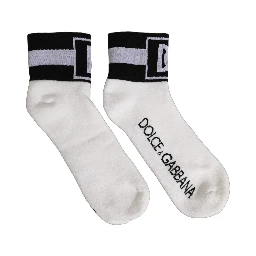 White Black Cotton Ankle Length DG Logo Socks