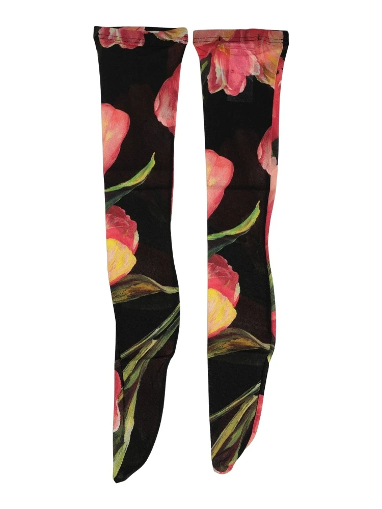 Black Pink Floral Tulip Nylon Stockings Socks