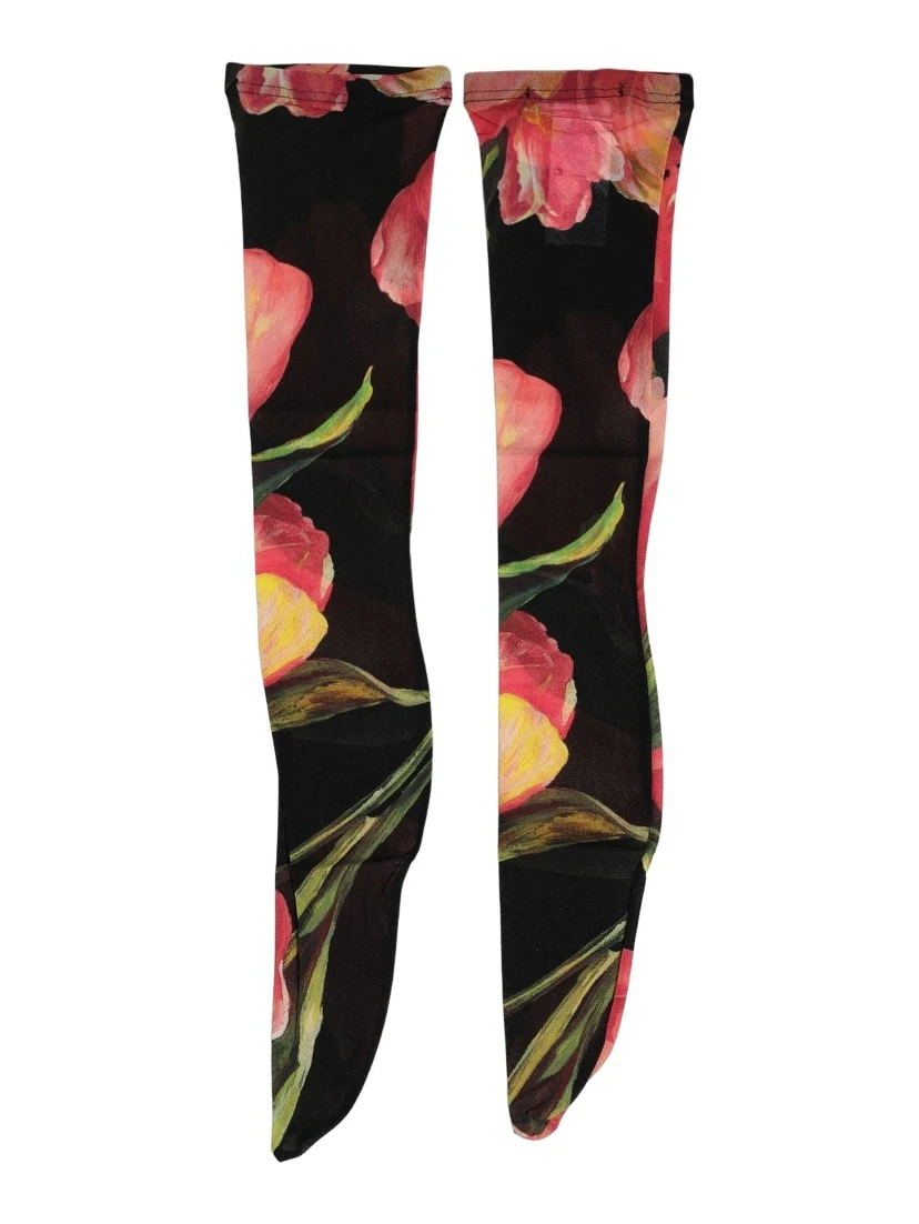 Black Pink Floral Tulip Nylon Stockings Socks