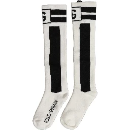 White Black Cotton Stretch Knee High Socks