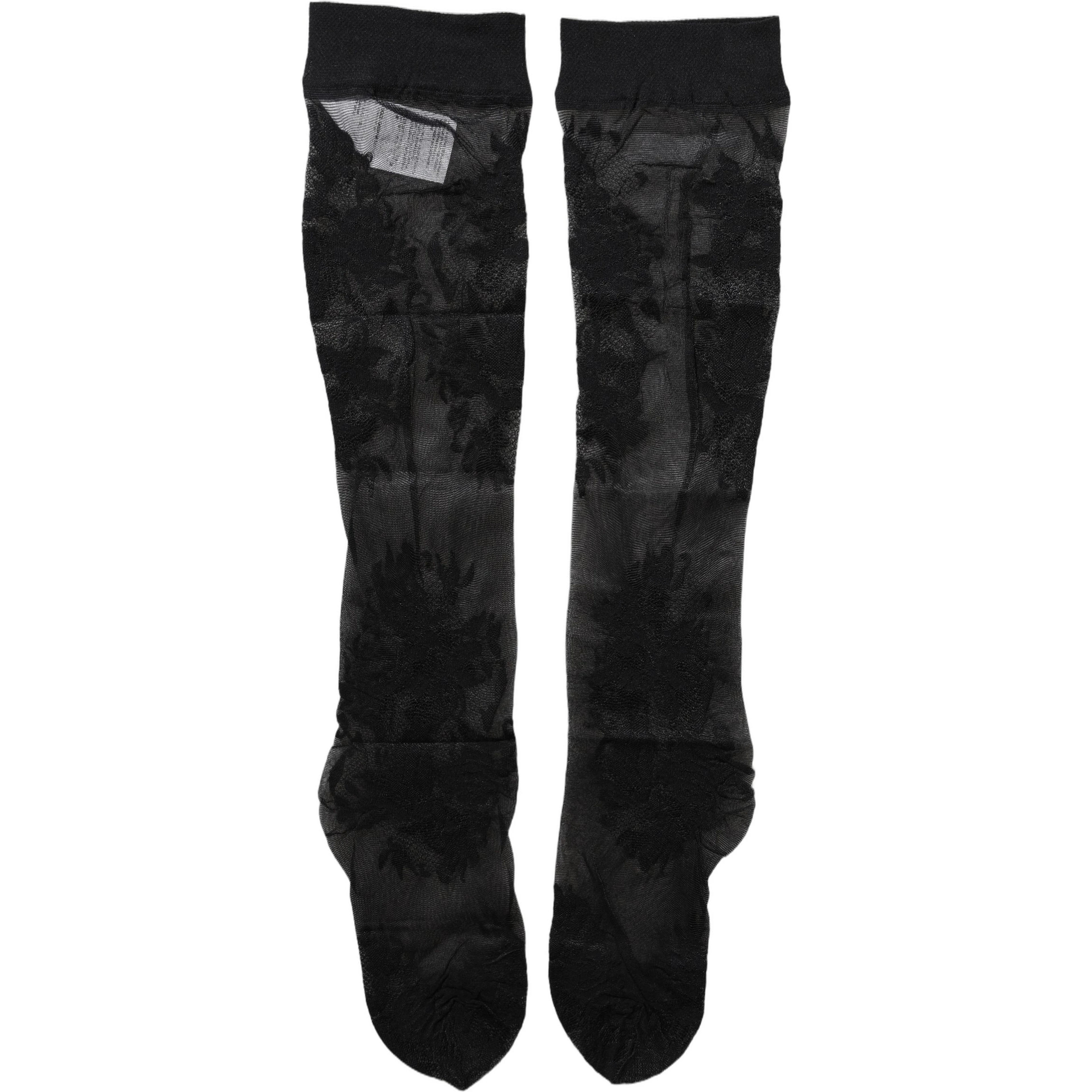 Black Floral Nylon Stretch Over The Calf Socks