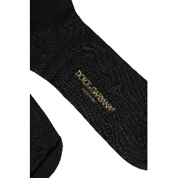 Black Cotton Ribbed Logo Over The Calf Women Socks