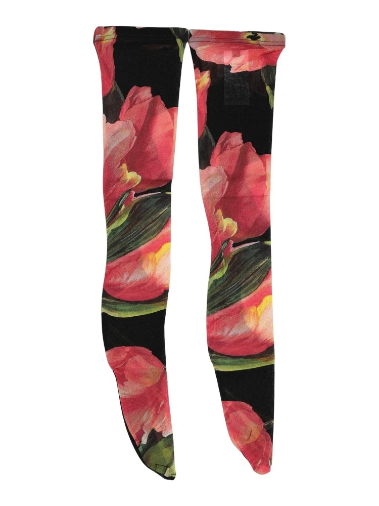 Black Pink Floral Tulip Nylon Stockings Socks alternative