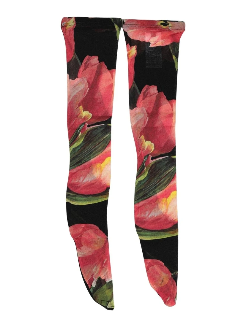 Black Pink Floral Tulip Nylon Stockings Socks