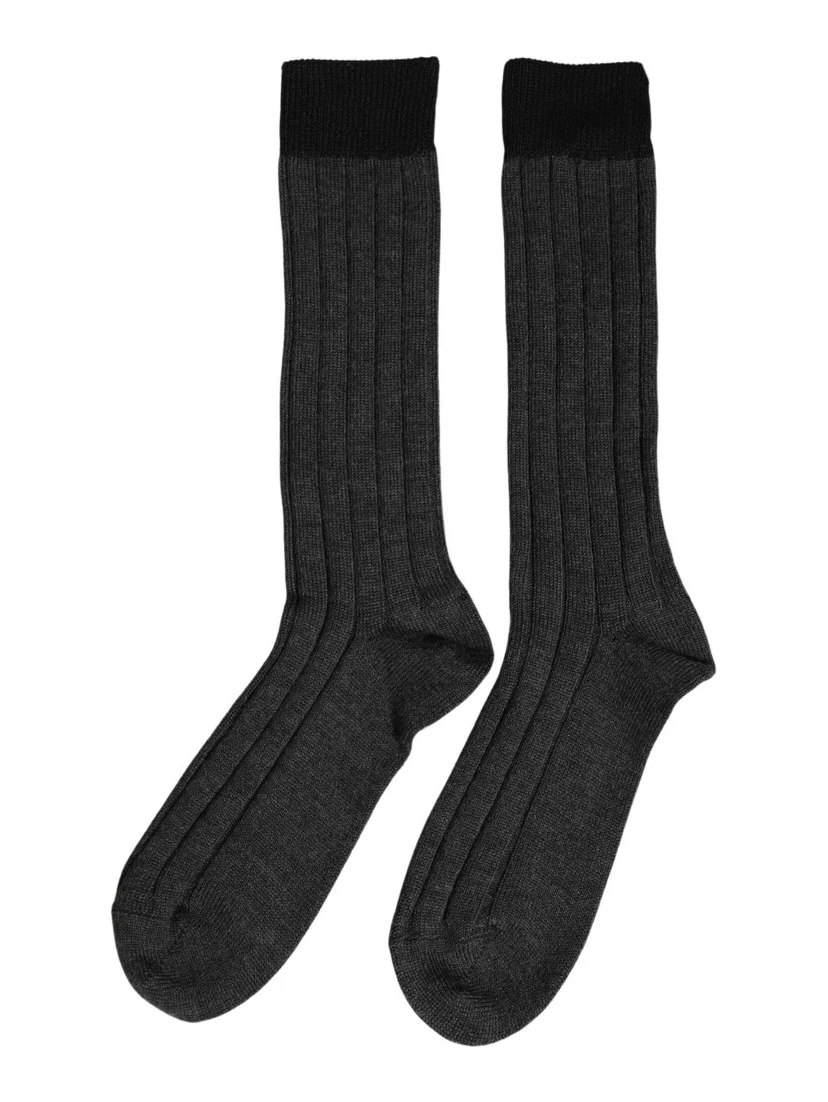 Dark Gray Wool Logo Calf Long Ribbed Accessory Socks