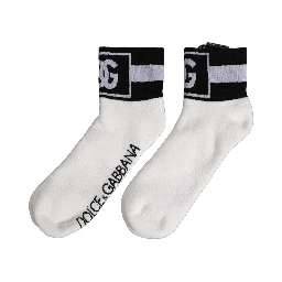 White Black Cotton Ankle Length DG Logo Socks