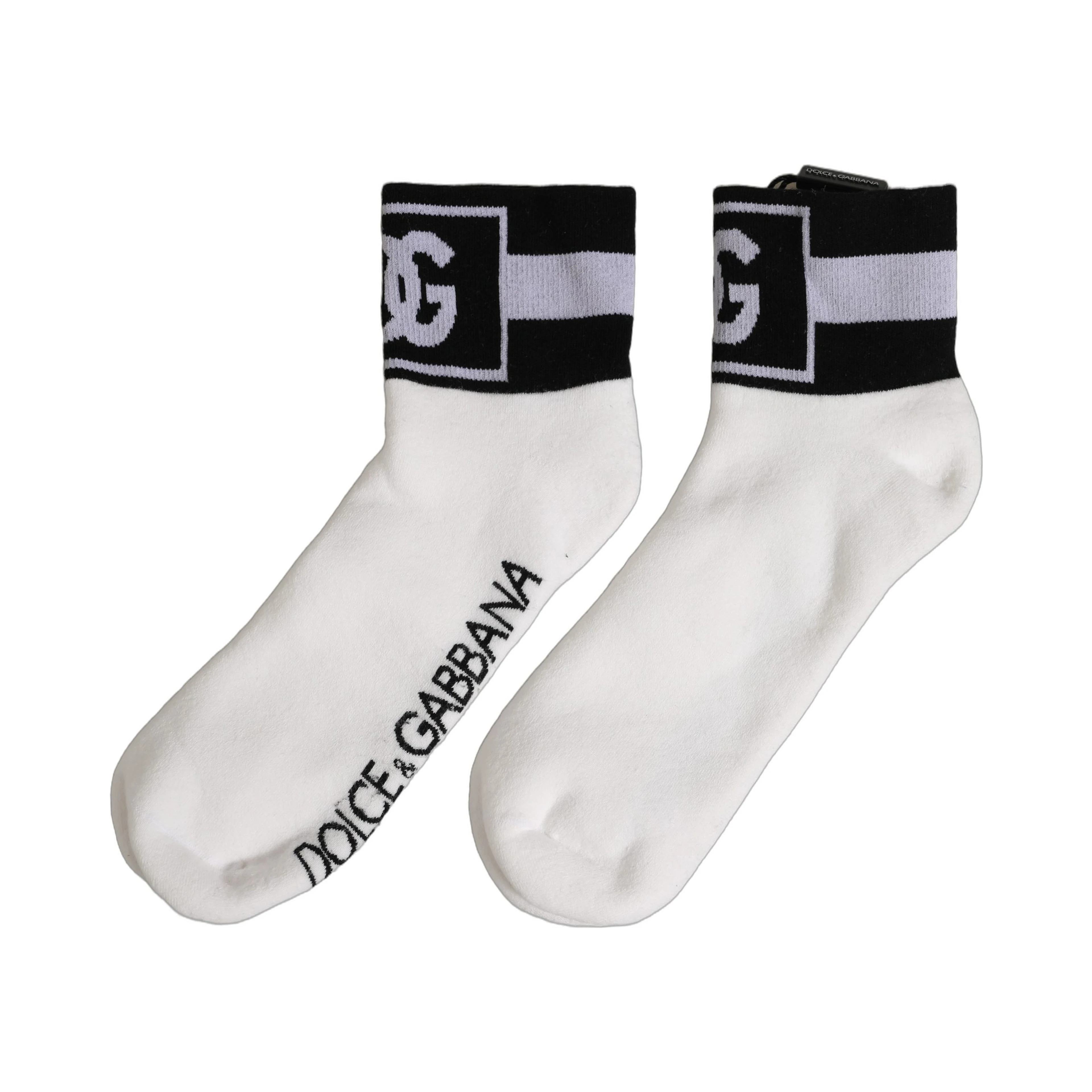 White Black Cotton Ankle Length DG Logo Socks