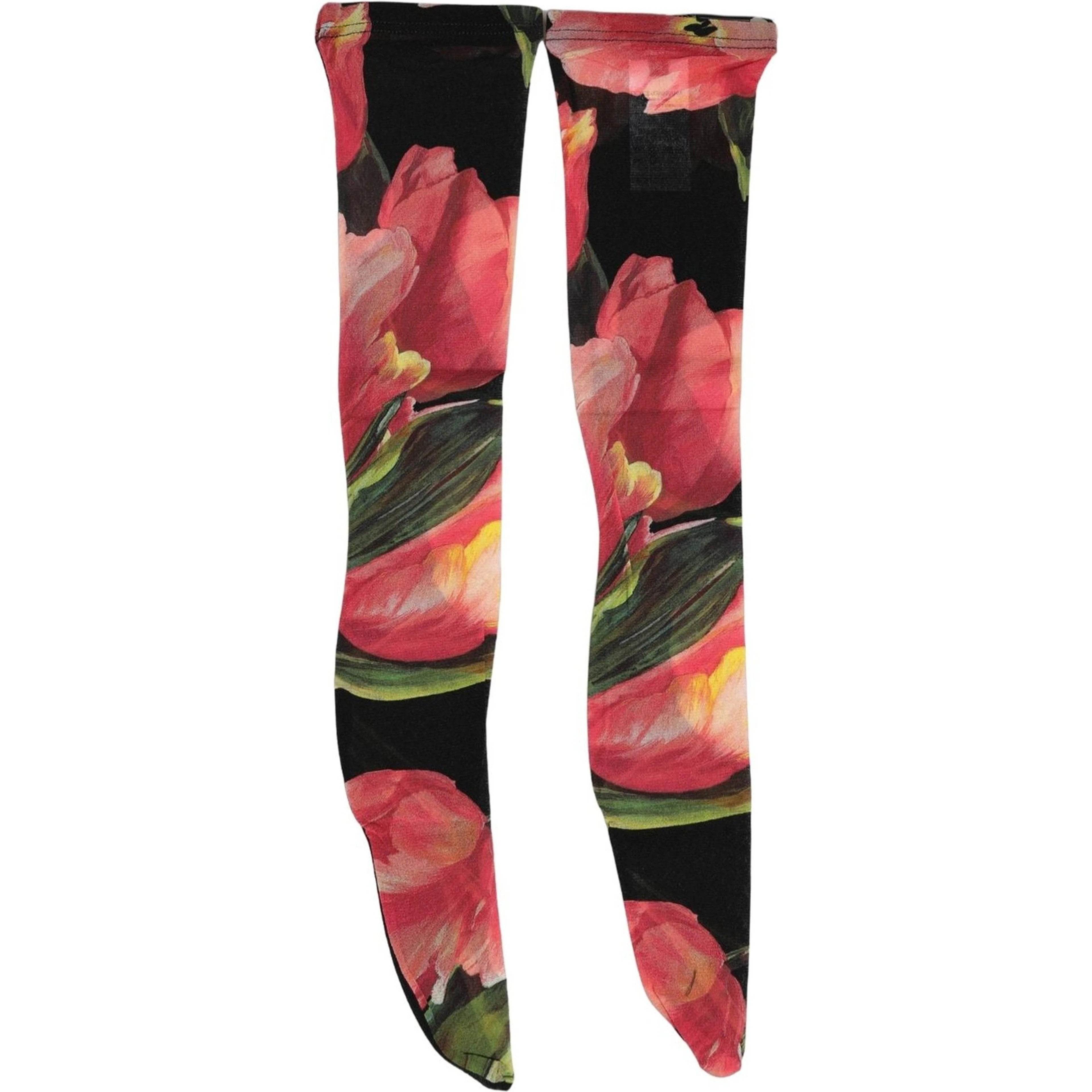 Black Pink Floral Tulip Nylon Stockings Socks