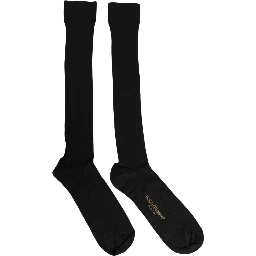 Black Cotton Ribbed Logo Over The Calf Women Socks