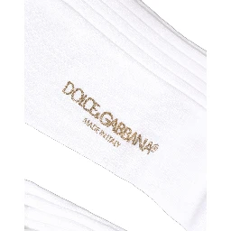 White Cotton Ribbed Logo Over The Calf Women Socks