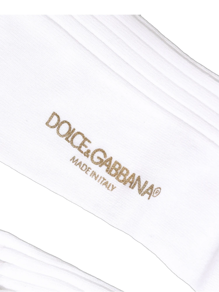 White Cotton Ribbed Logo Over The Calf Women Socks