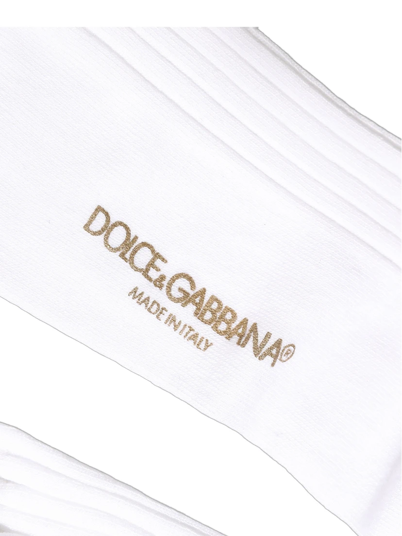 White Cotton Ribbed Logo Over The Calf Women Socks