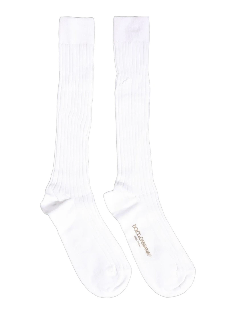 White Cotton Ribbed Logo Over The Calf Women Socks