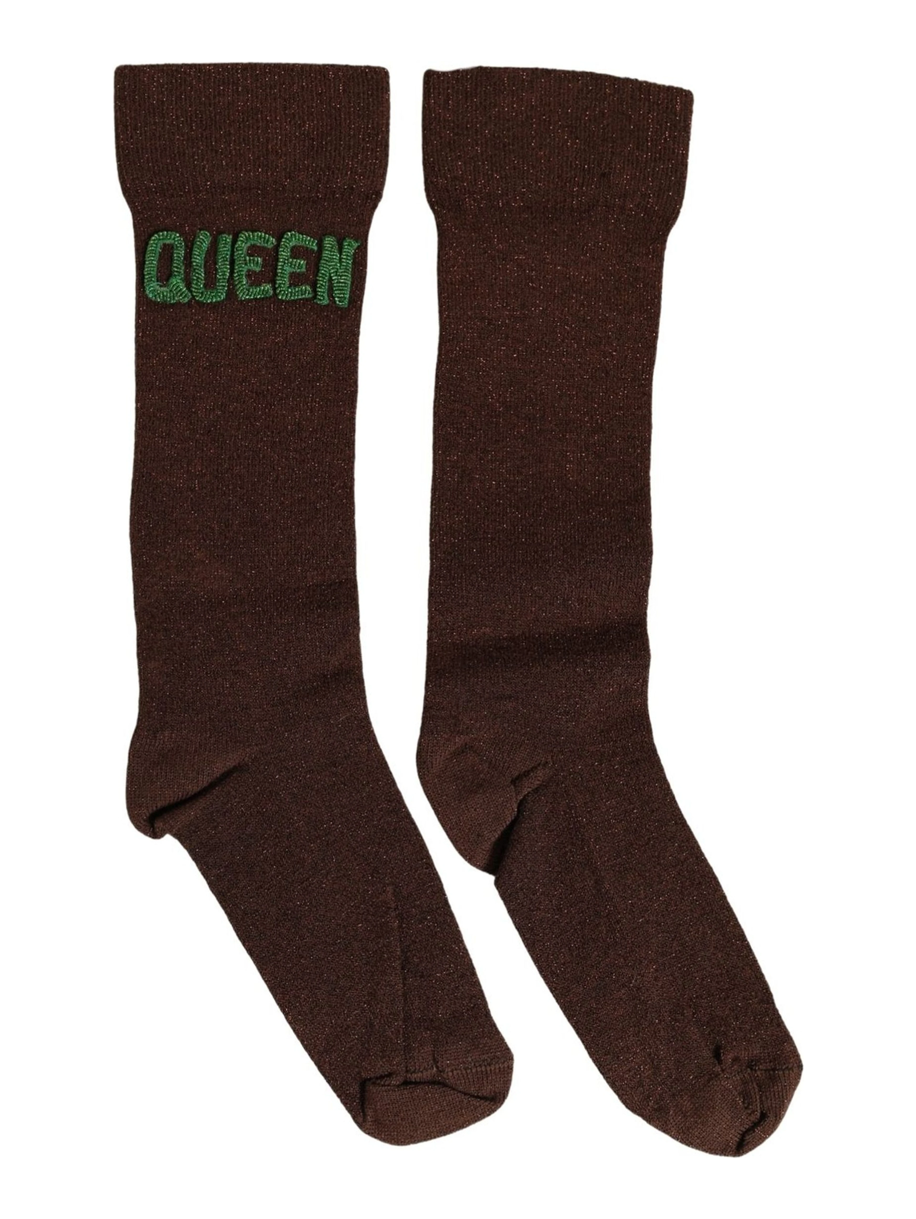 Brown Embroidered Cotton Mid Calf Accessory Socks