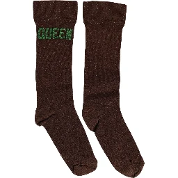 Brown Embroidered Cotton Mid Calf Accessory Socks