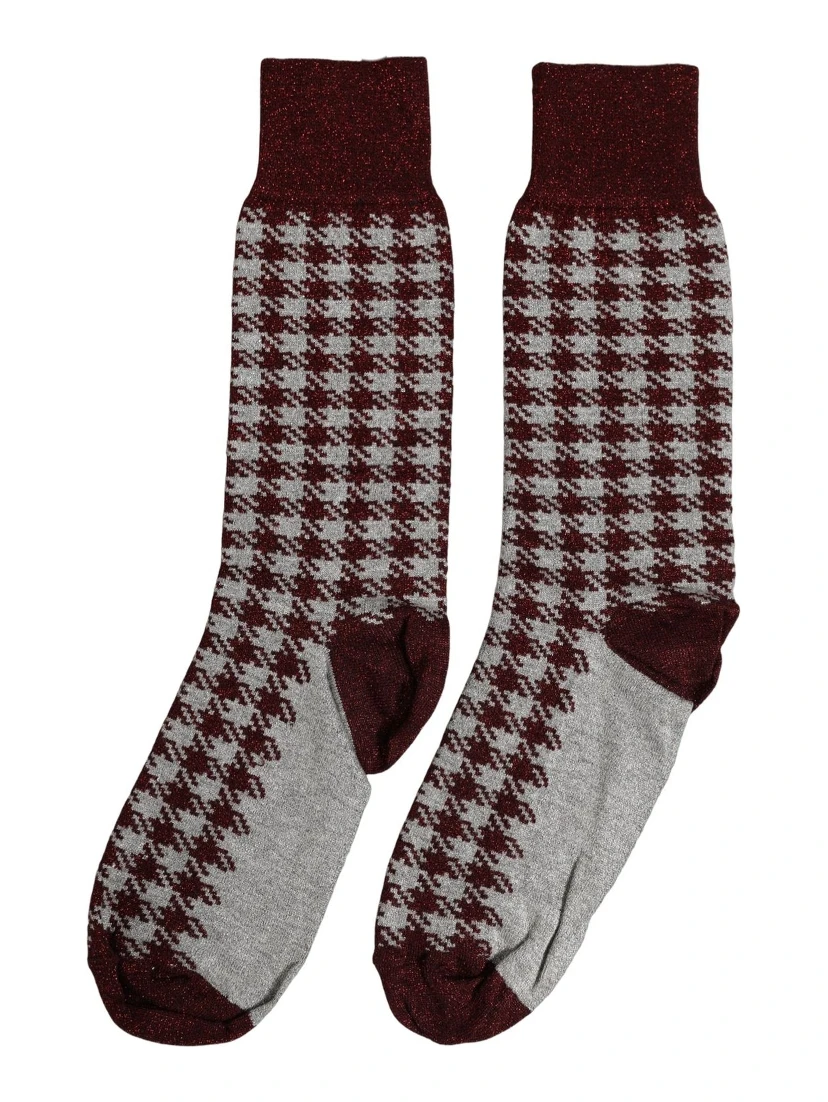 Maroon Gray Houndstooth Mid Calf Accessory Socks