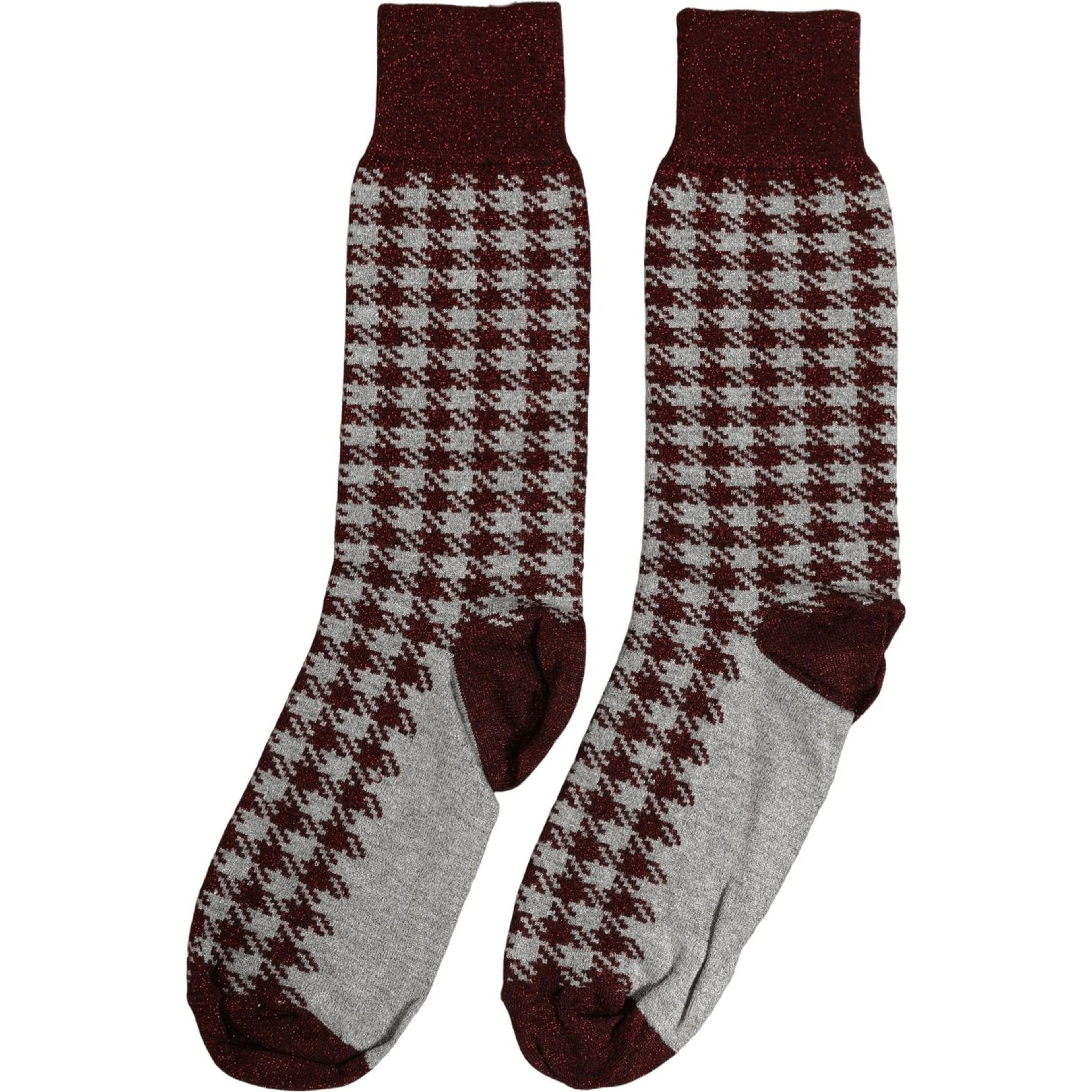 Maroon Gray Houndstooth Mid Calf Accessory Socks