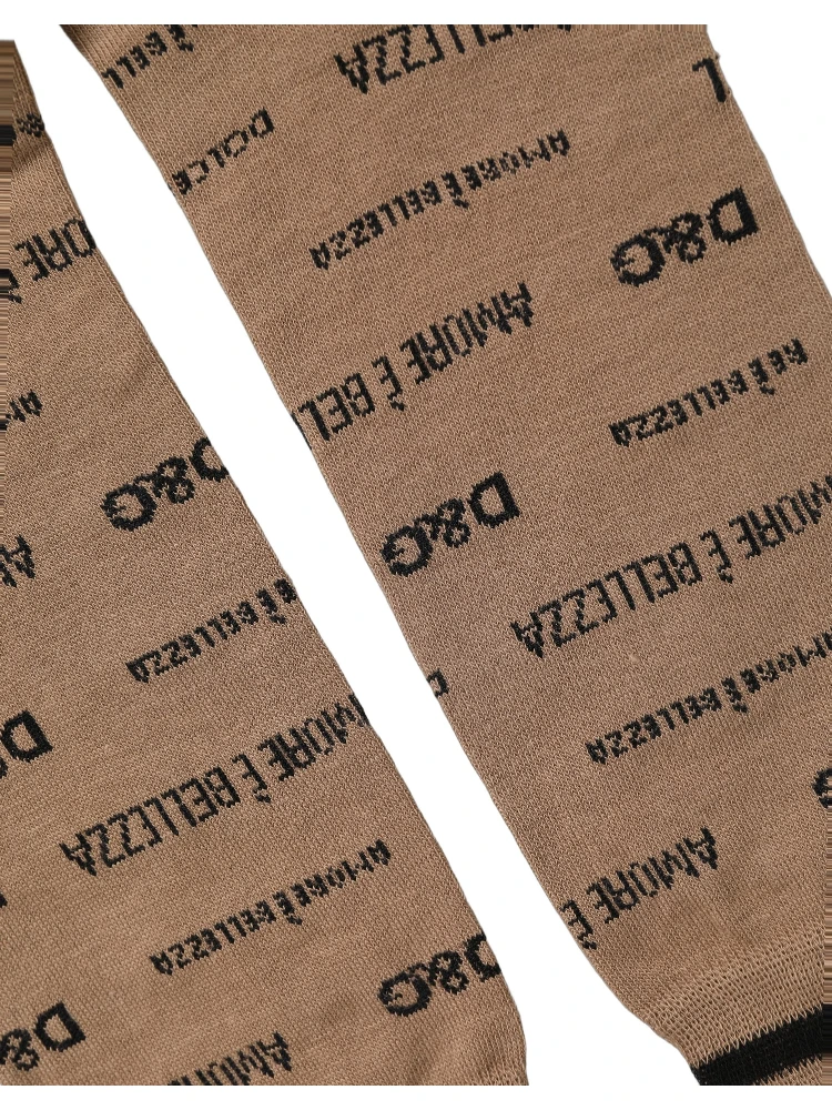 Brown Cotton Logo Print Mid Calf Accessory Socks