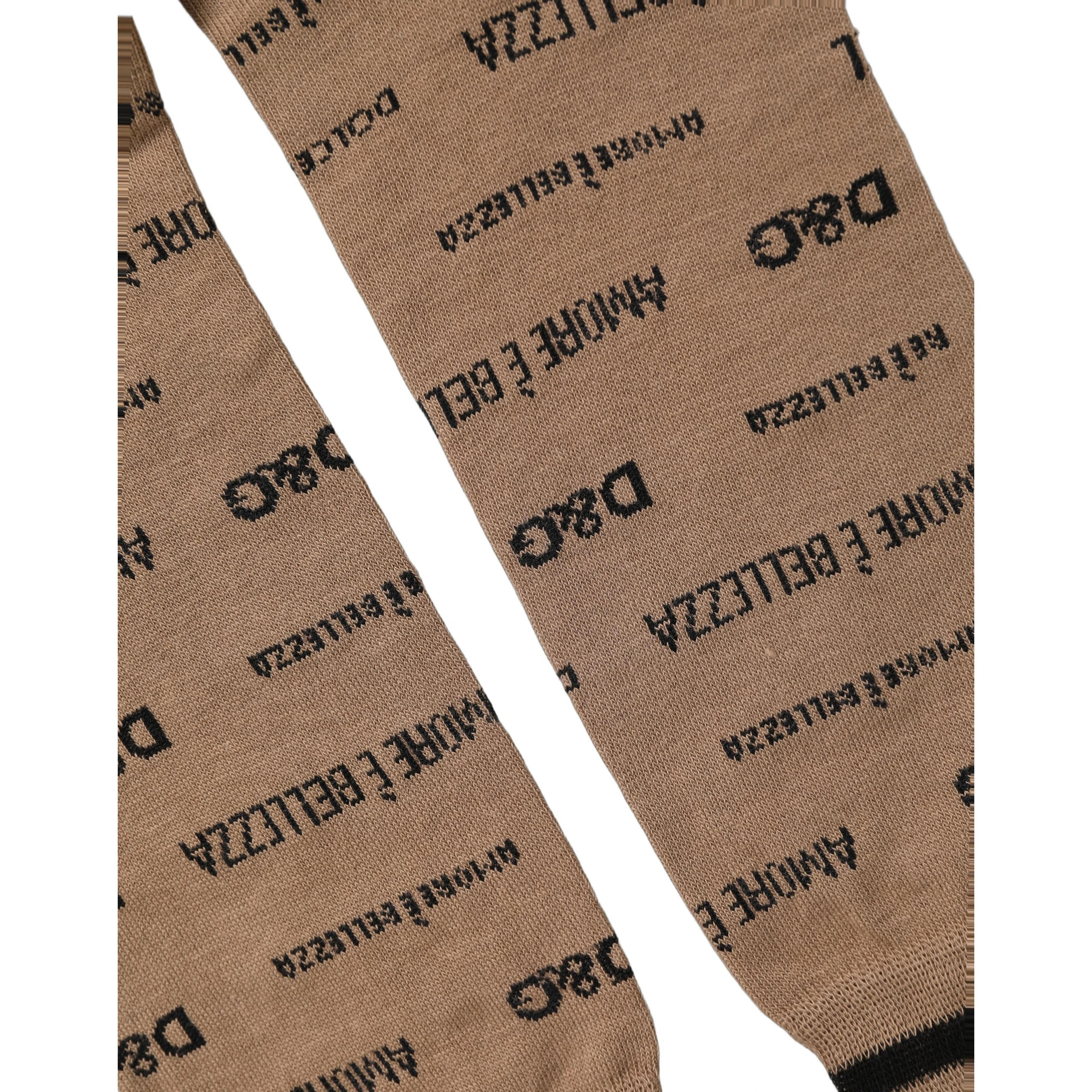 Brown Cotton Logo Print Mid Calf Accessory Socks
