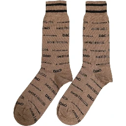 Brown Cotton Logo Print Mid Calf Accessory Socks