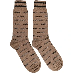 Brown Cotton Logo Print Mid Calf Accessory Socks