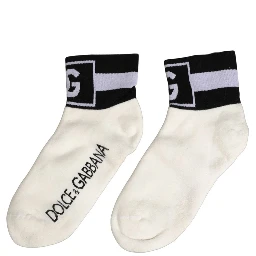 White Black Cotton Ankle Length DG Logo Socks