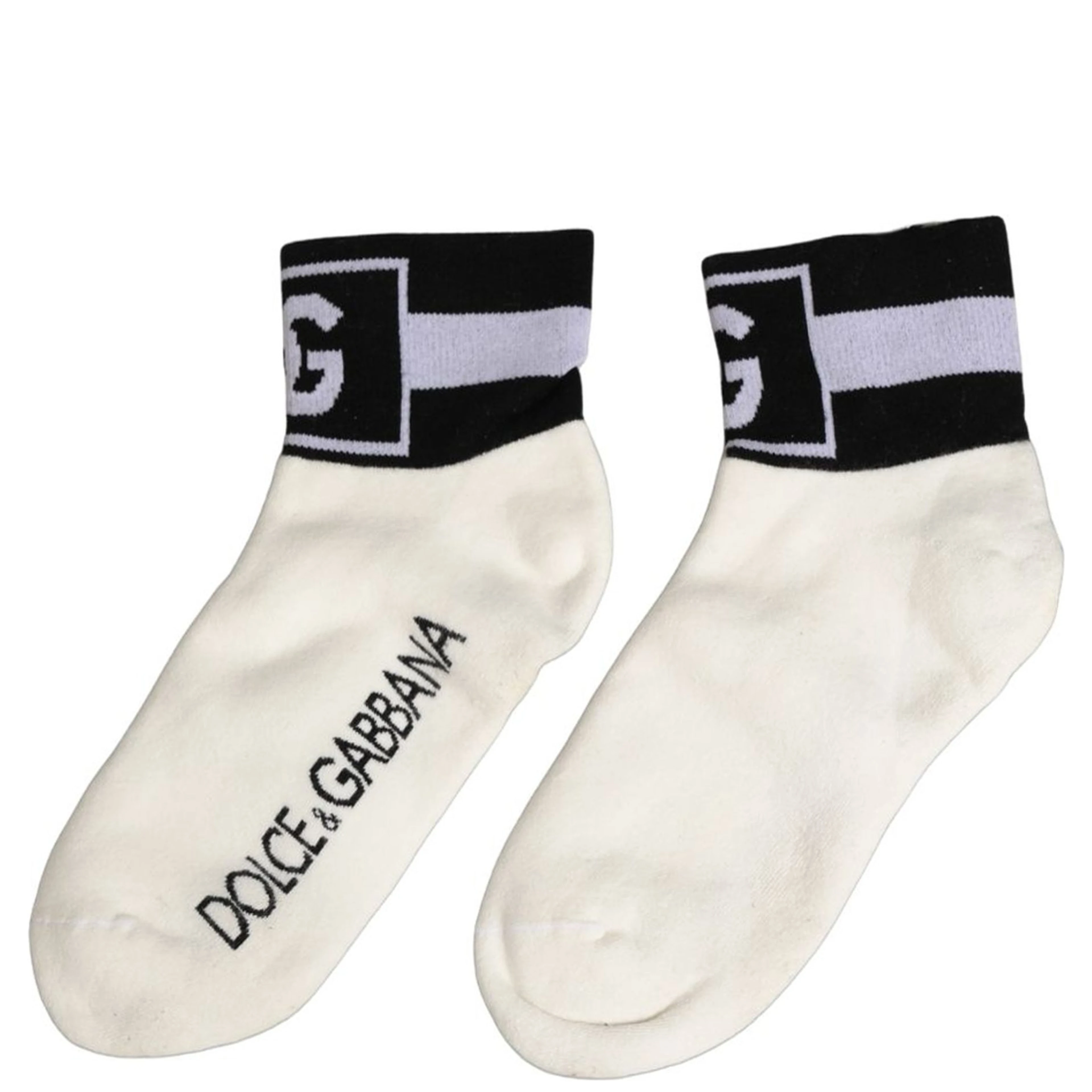 White Black Cotton Ankle Length DG Logo Socks