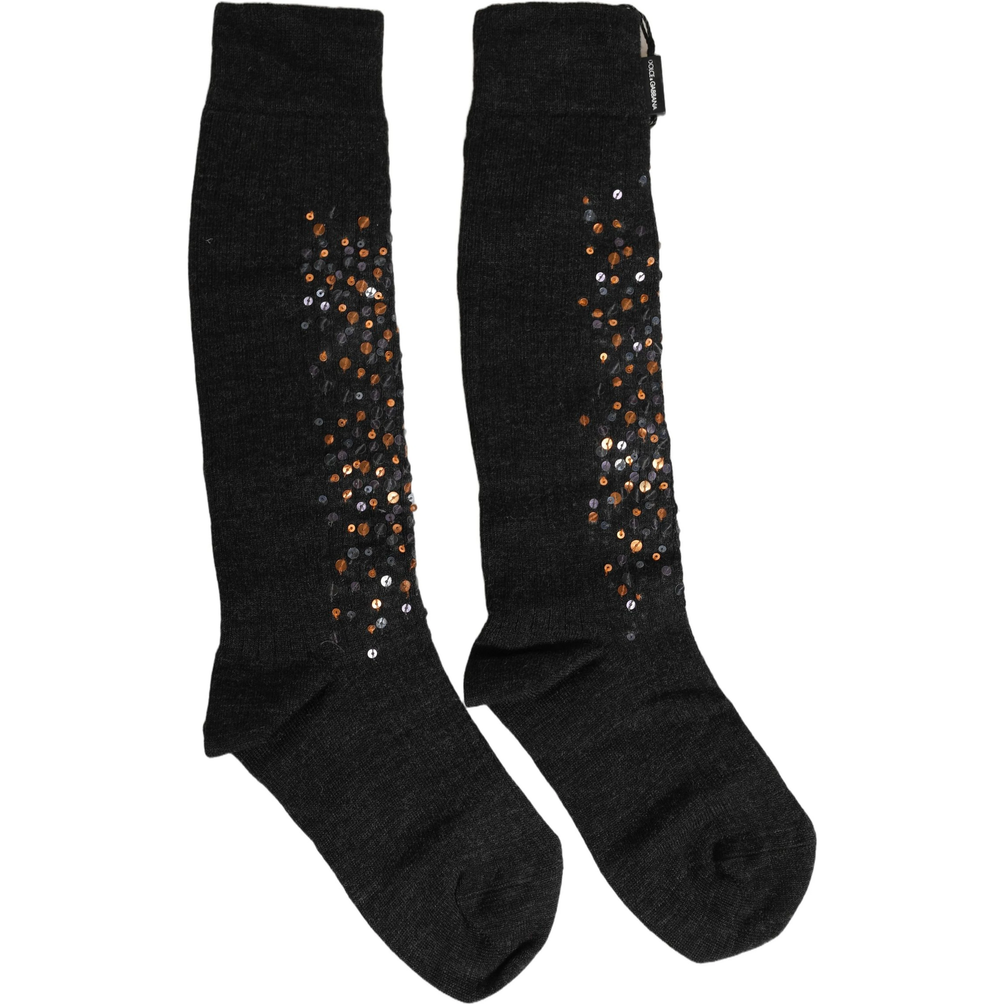 Dark Gray Sequined Wool Knee High Accessory Socks