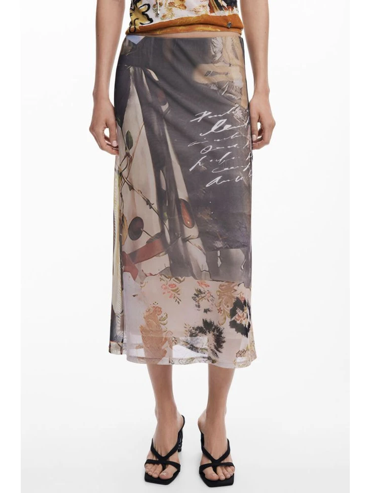 Beige Polyester Midi Skirt
