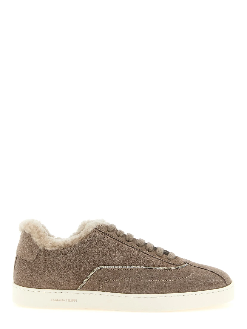 Beige Suede Leather Low Top Sneakers
