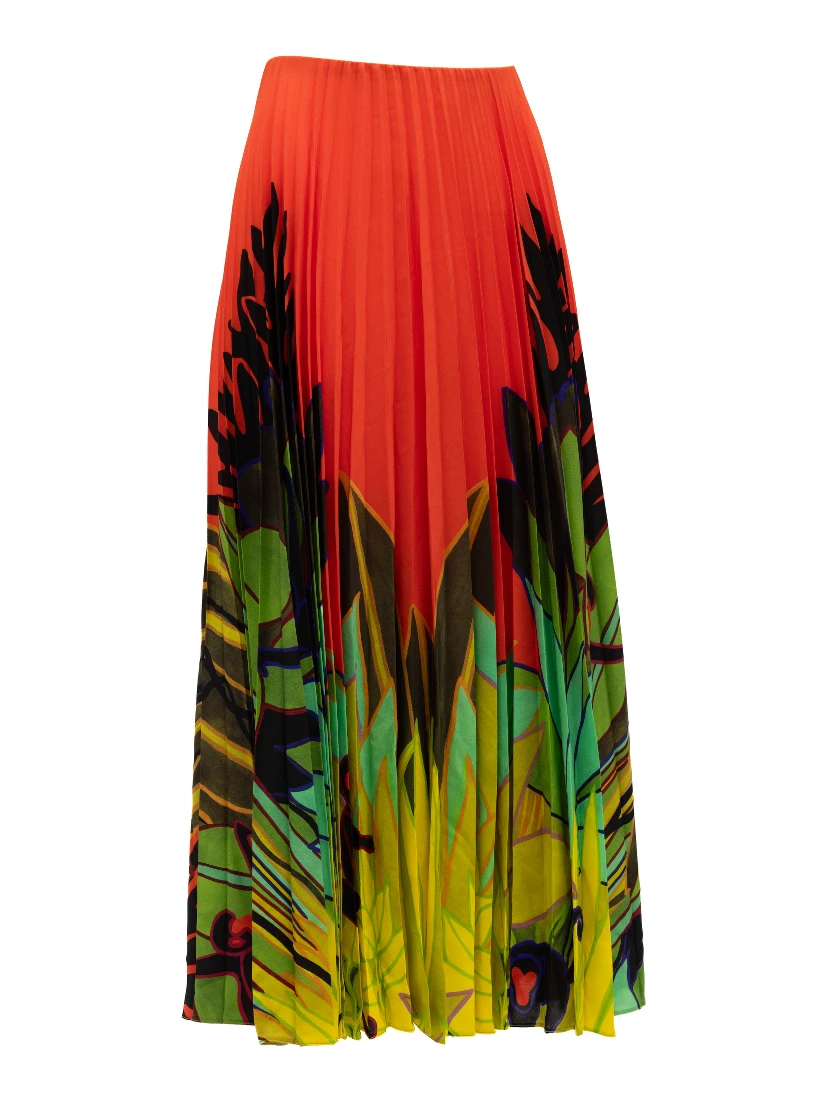 Orange Pleated Floral Skirt