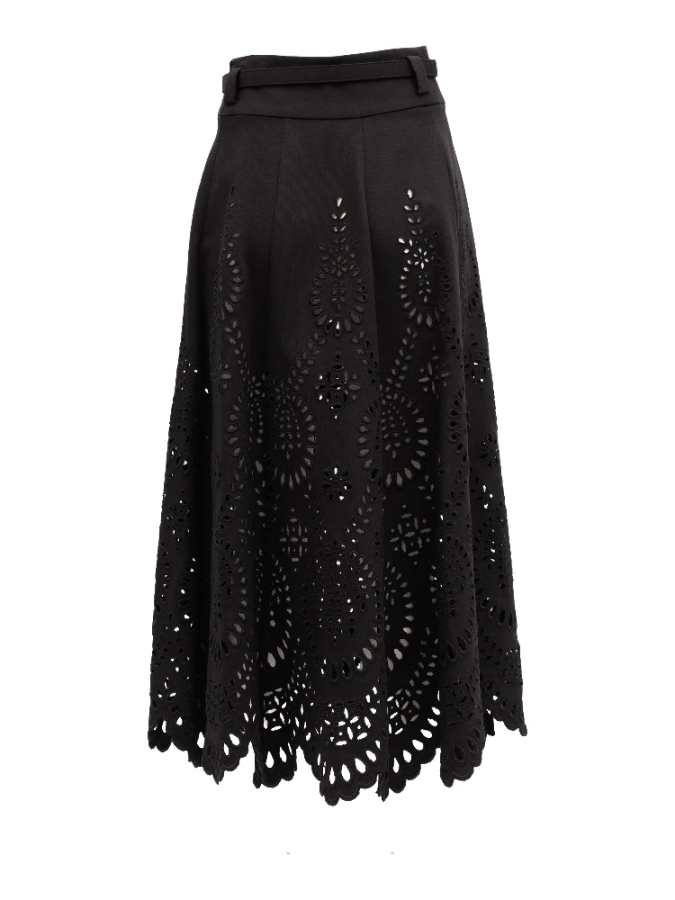 Cut-Out Floral Midi Black Skirt