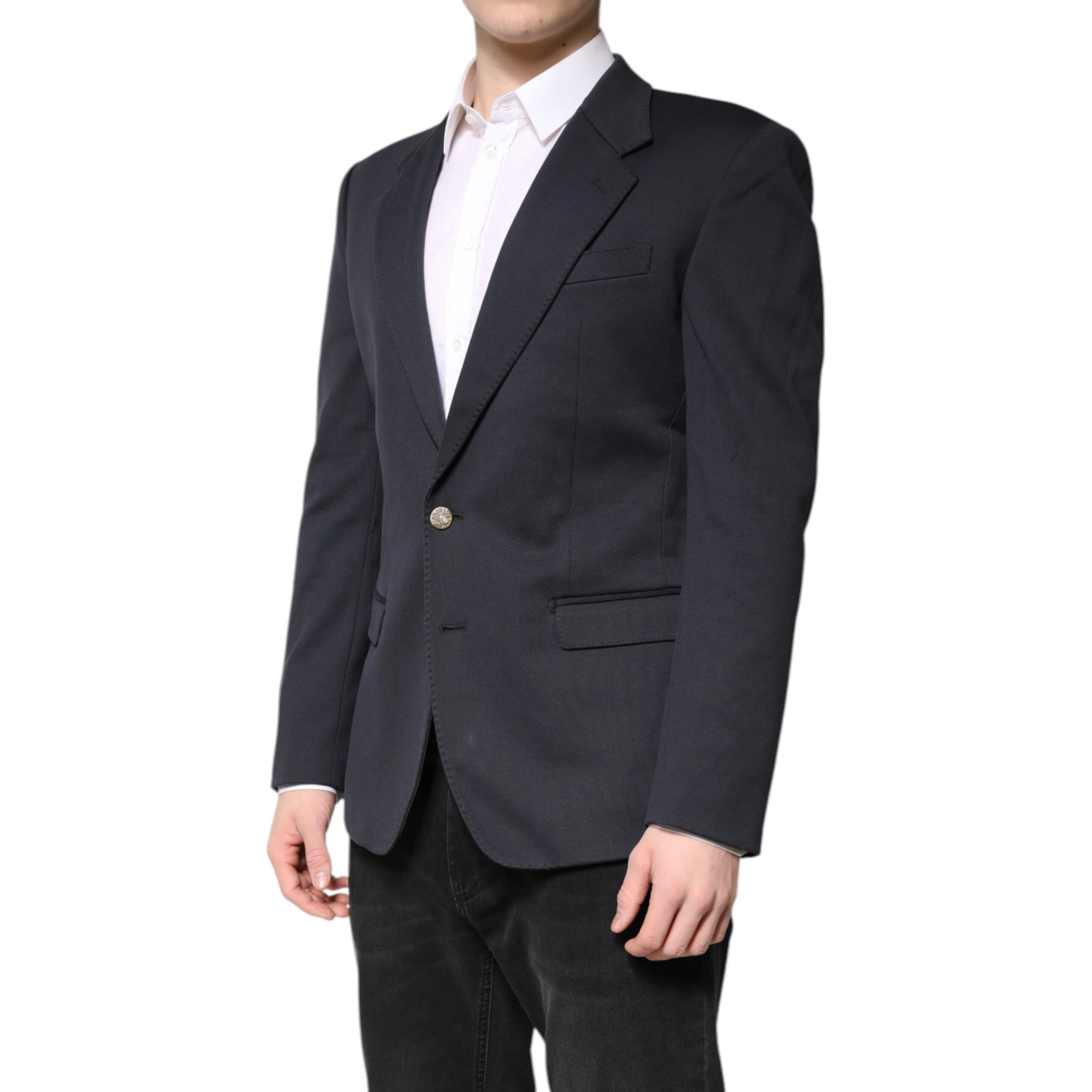 Dark Blue Cotton Men Jacket Coat Suit Blazer