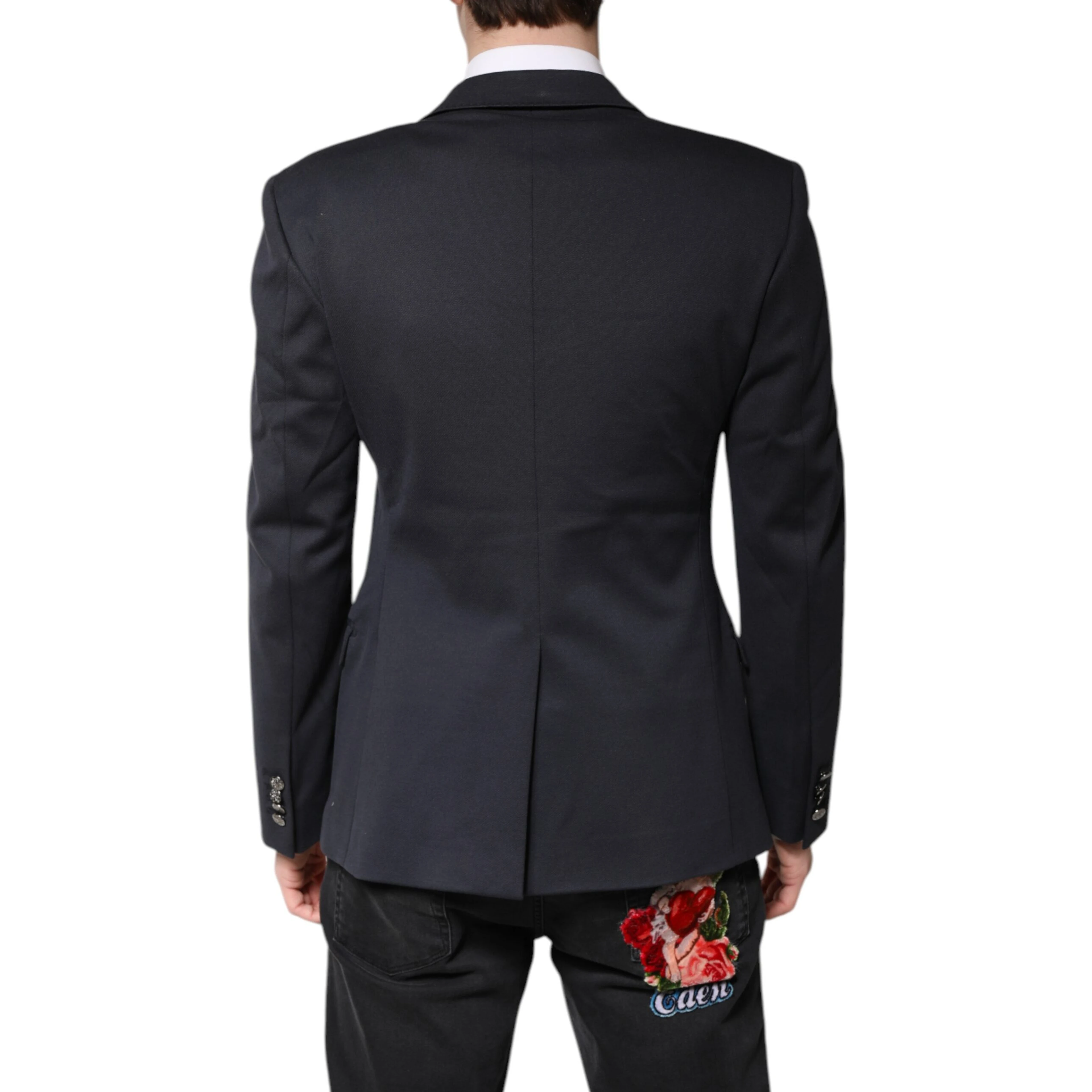 Dark Blue Cotton Men Jacket Coat Suit Blazer