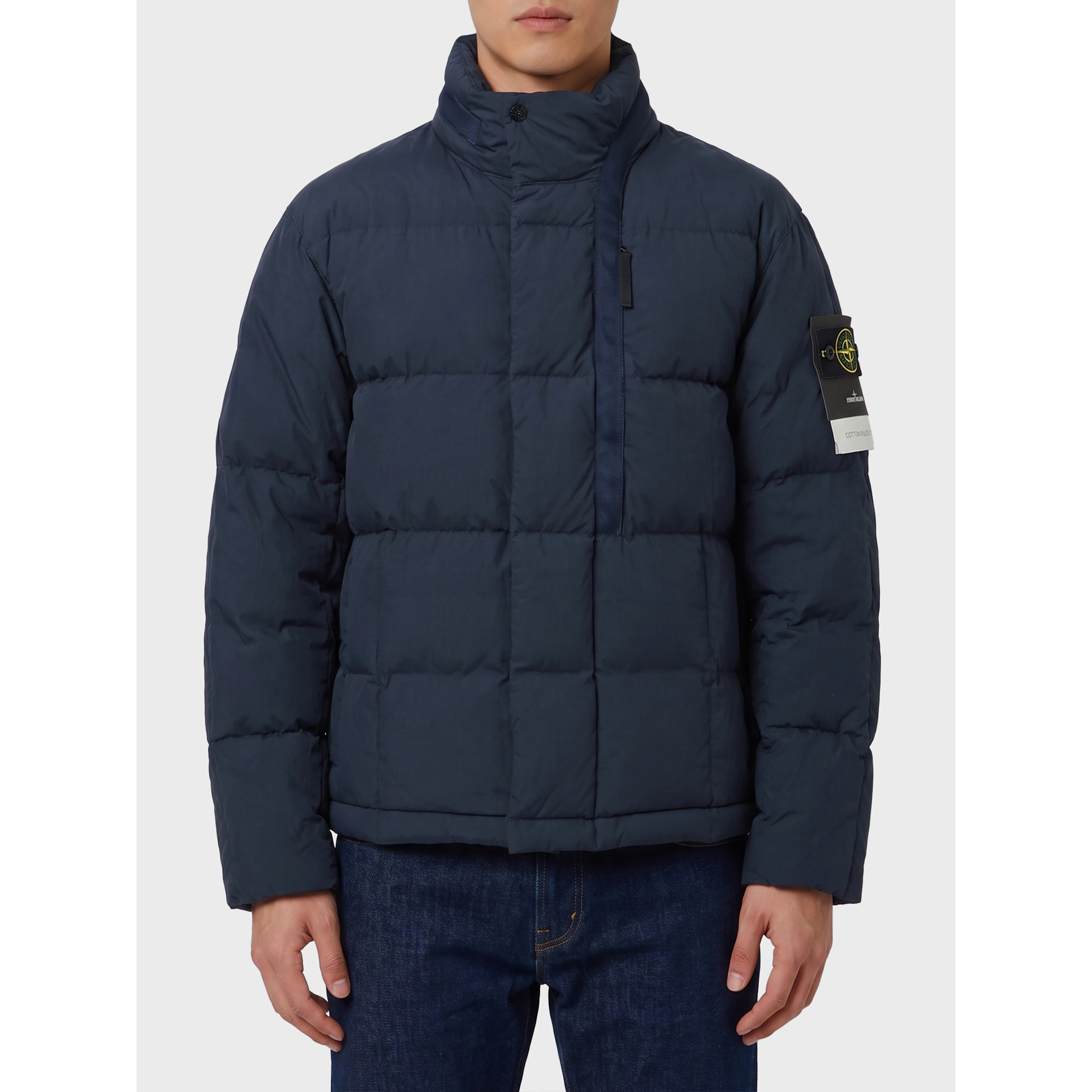 Navy cotton and nylon canvas down jacket