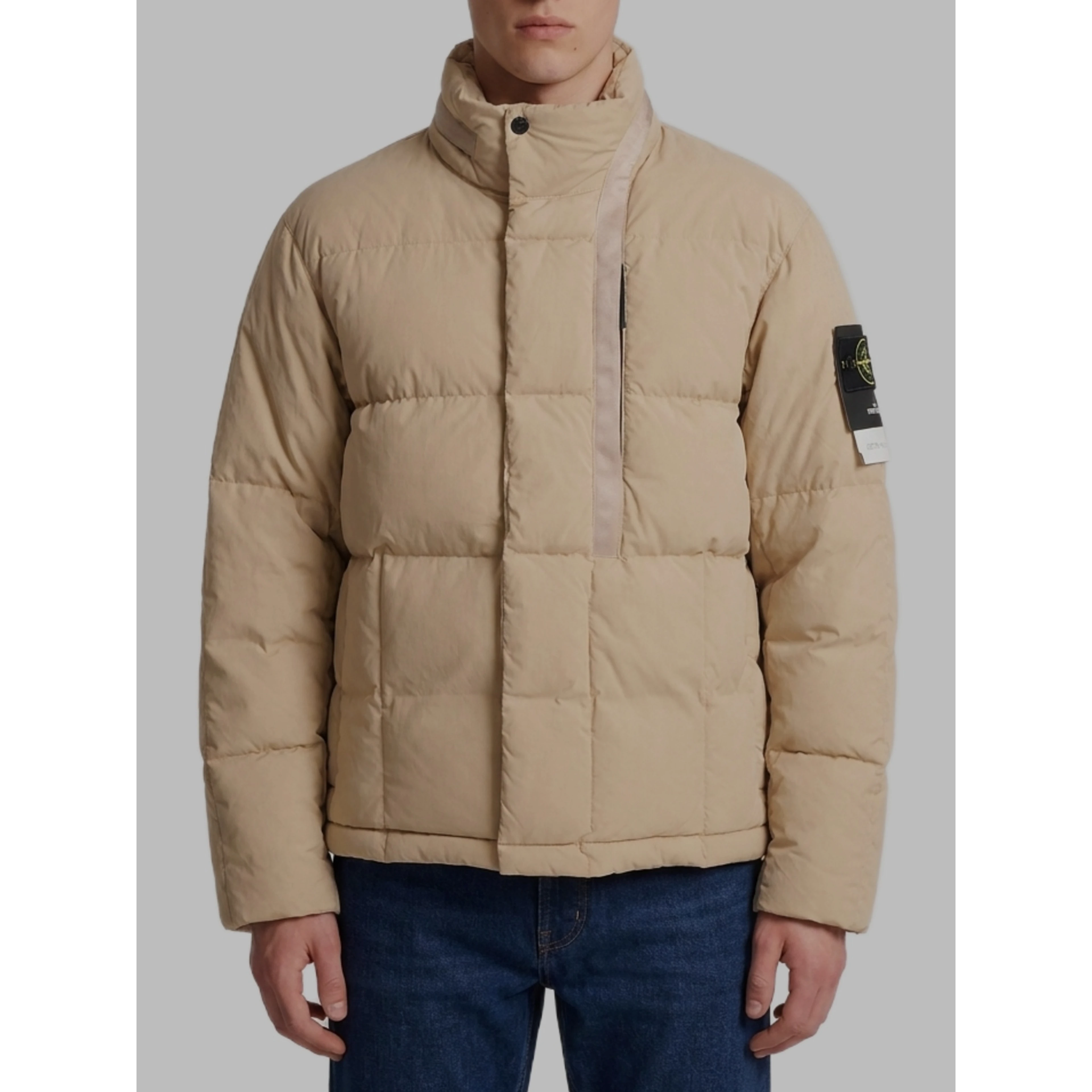 Beige cotton and nylon canvas down jacket.