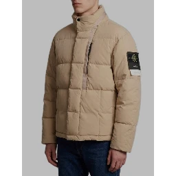 Beige cotton and nylon canvas down jacket.