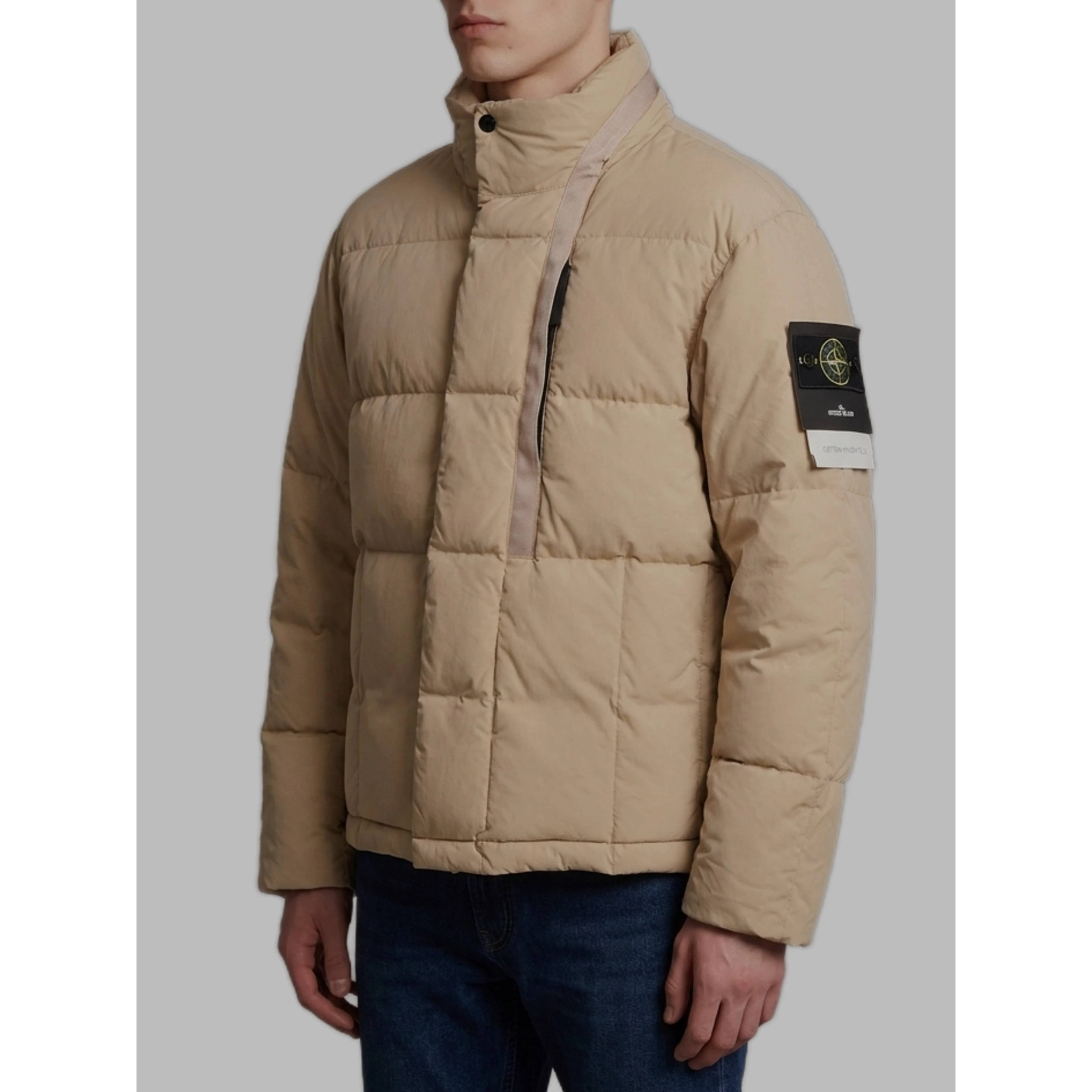 Beige cotton and nylon canvas down jacket.