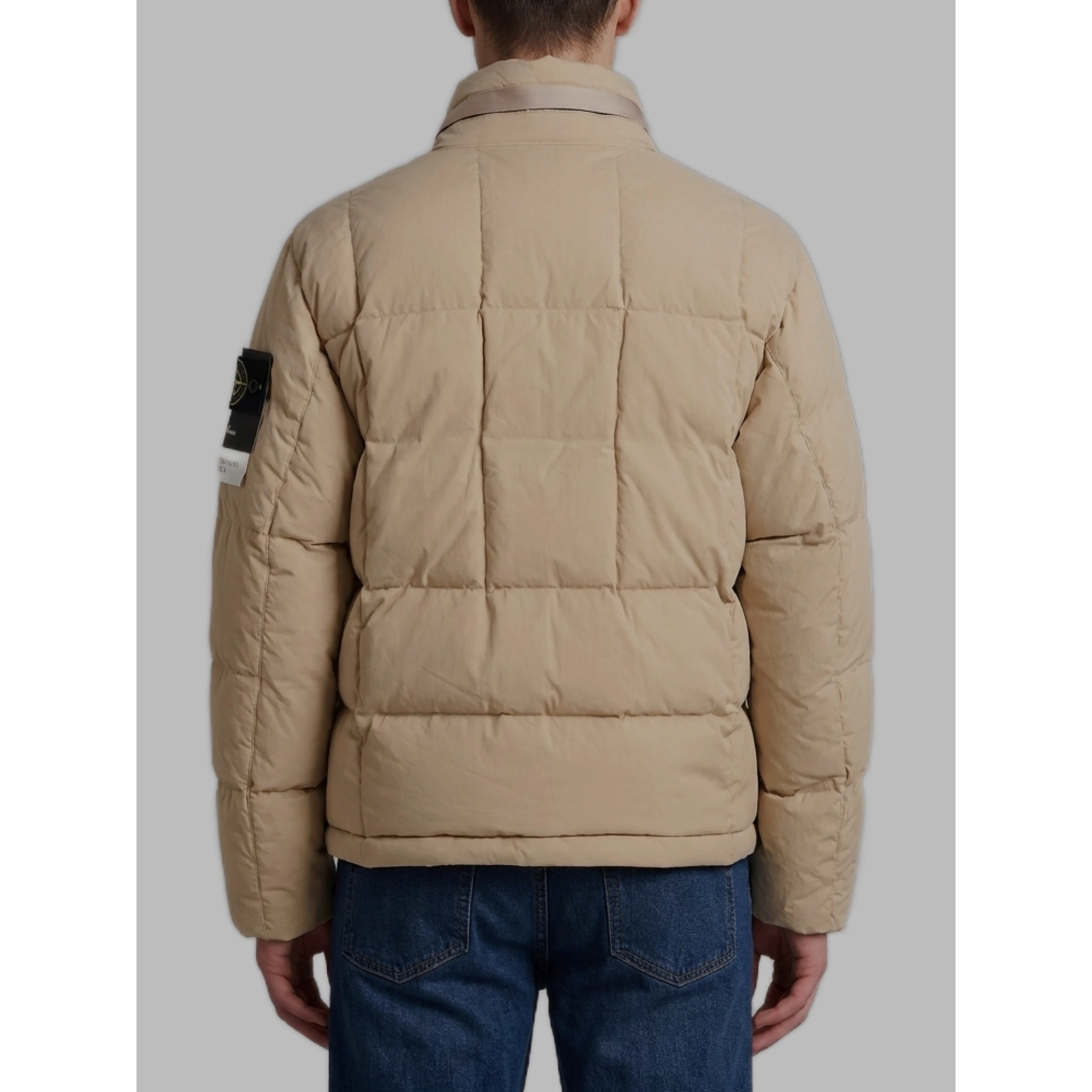 Beige cotton and nylon canvas down jacket.