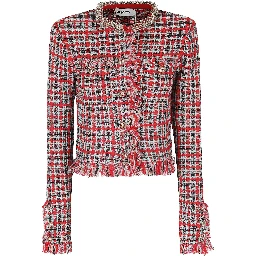 RED CHECK FRAYED KNIT JACKET