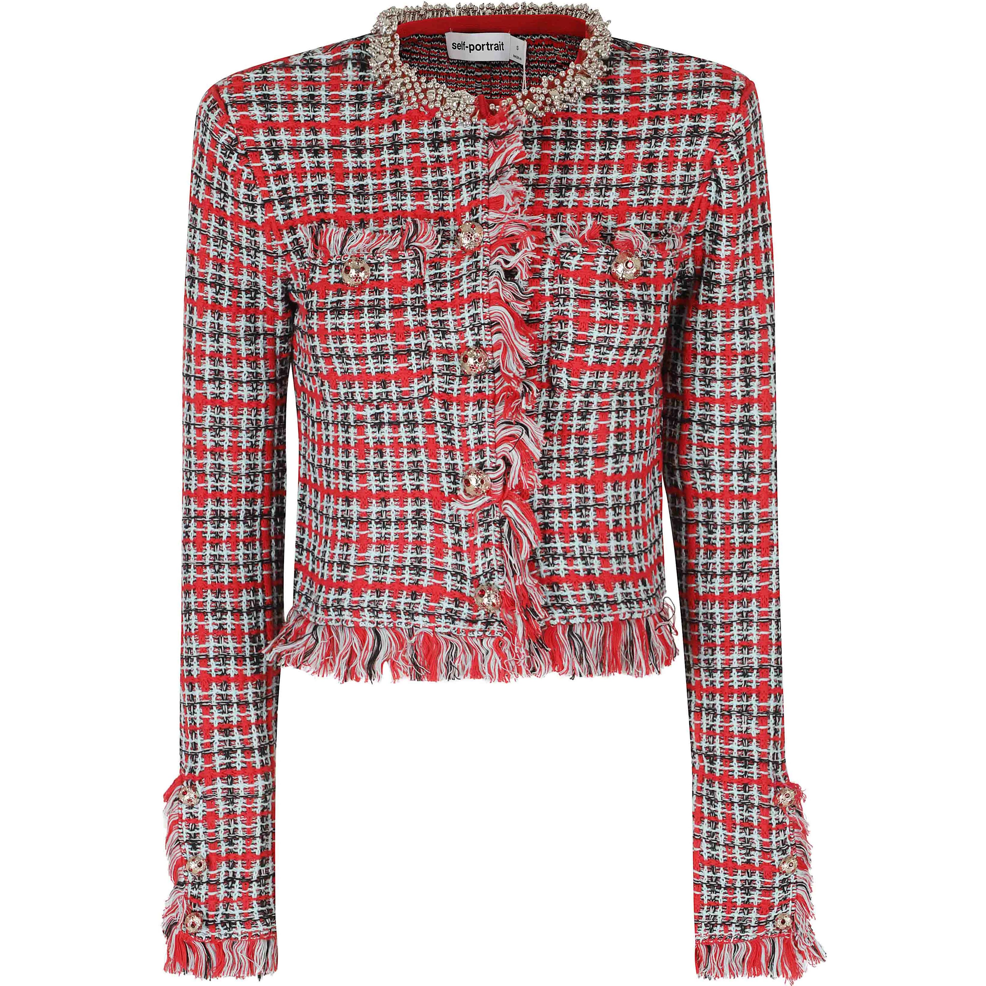 RED CHECK FRAYED KNIT JACKET