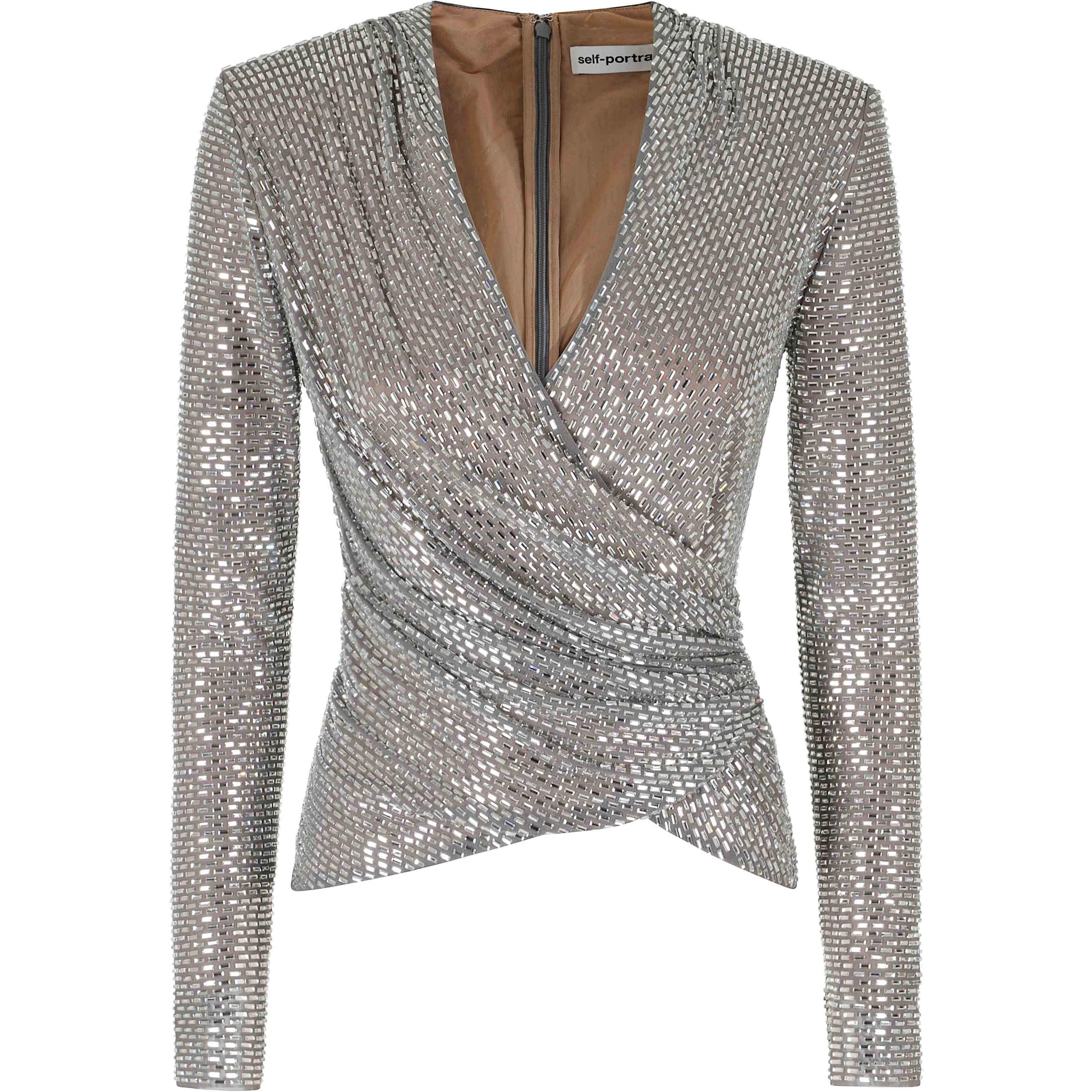 GREY RHINESTONE MESH WRAP TOP